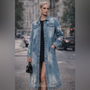 Zara Distressed Long Denim Jacket